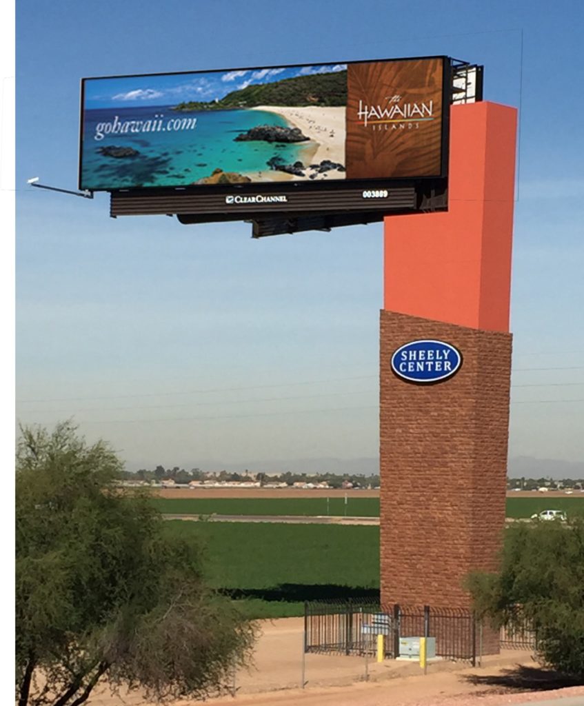 Sheely Center faux brick pole cover for billboard